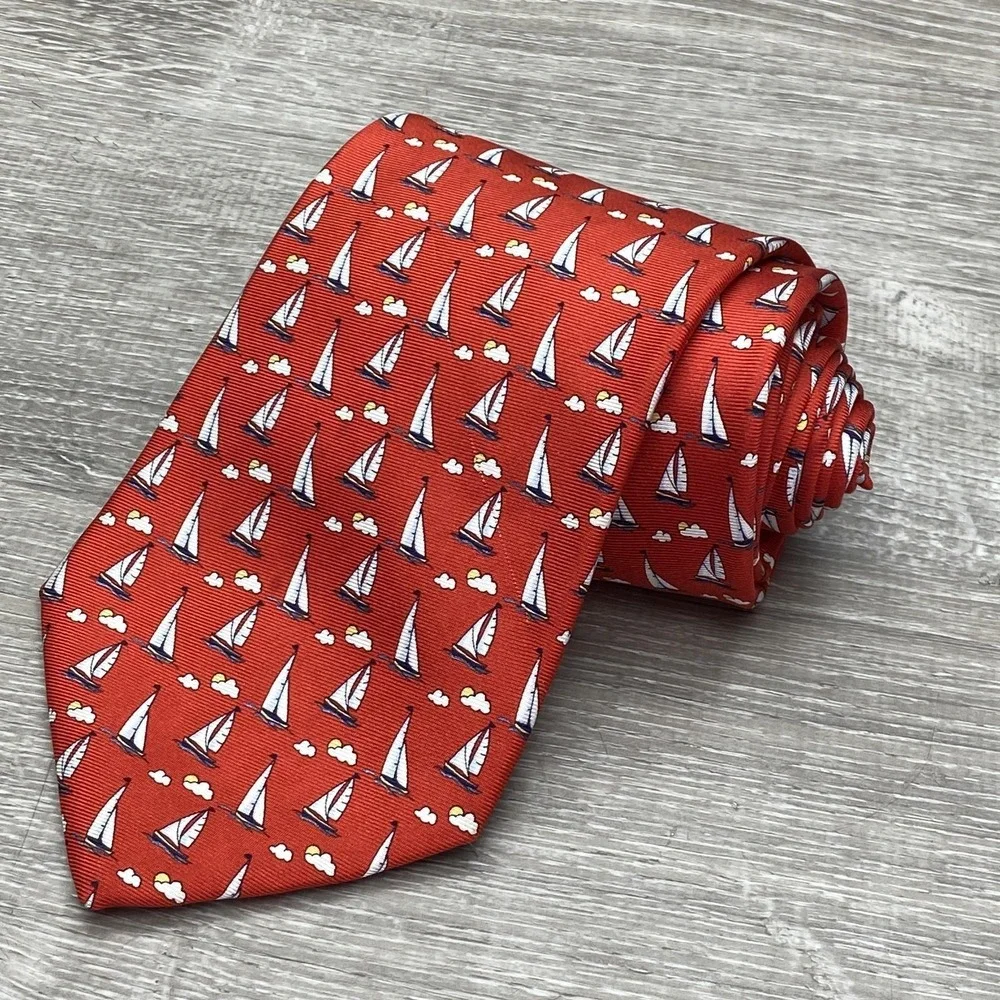 Brooks Brothers Tie Mens One Size Red Silk Sailboat Nautical Woven‎ Necktie USA